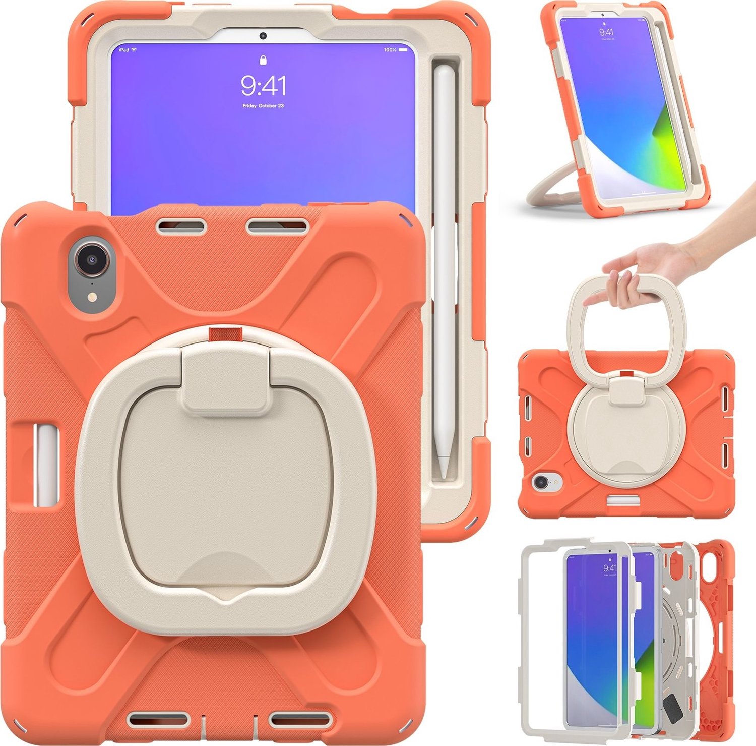 Mobigear RingGuard Tablethoes geschikt voor Apple iPad Mini 6 (2021) Hardcase Backcover + Stylus Houder + Schouderband + Standaard - Oranje