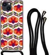 Hoesje met koord Geschikt voor iPhone 13 Mini - Retro - Flower Power - Vintage - Kleuren - Siliconen - Crossbody - Backcover met Koord - Telefoonhoesje met koord - Hoesje met touw