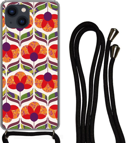 Coque avec cordon iPhone 13 Mini - Rétro - Flower Power - Vintage - Couleurs - Siliconen - Bandoulière - Coque arrière avec cordon - Coque pour téléphone avec cordon - Coque avec corde