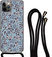 Coque avec cordon iPhone 13 Pro Max - Motif - Bloem - Grijs - Blauw - Siliconen - Bandoulière - Coque arrière avec cordon - Coque pour téléphone avec cordon - Coque avec corde