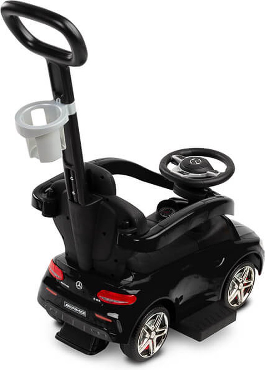 Loopauto Mercedes AMG C63 zwart, 3 in 1 met duwstang