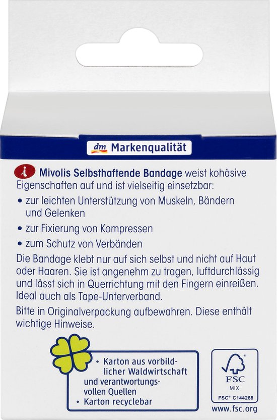 Mivolis zelfklevende bandage met informatie over gebruik en recyclebare verpakking.
