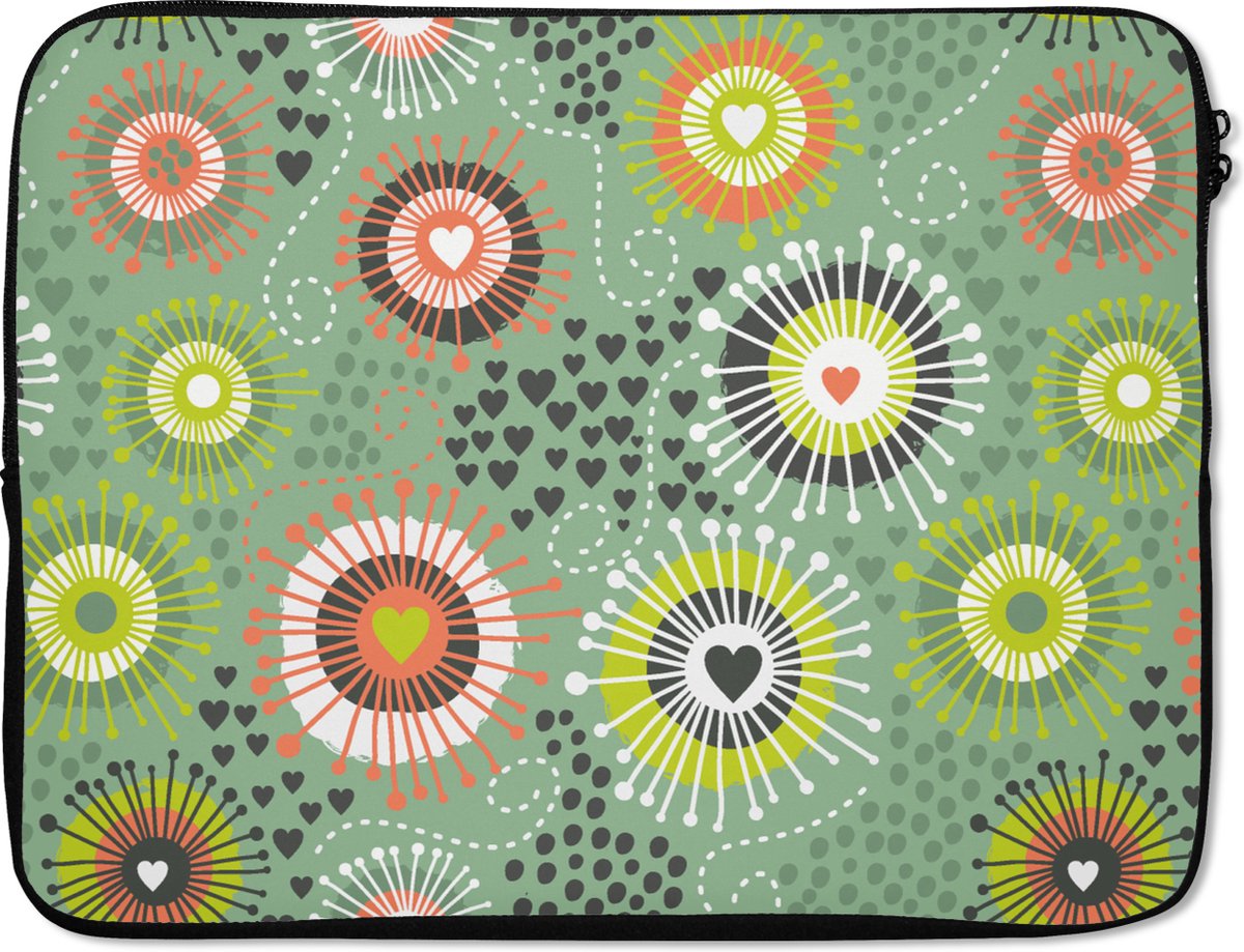 Laptophoes 15.6 inch - Bloem - Design - Hartjes - Laptop sleeve - Binnenmaat 37x26 cm - Zwarte achterkant