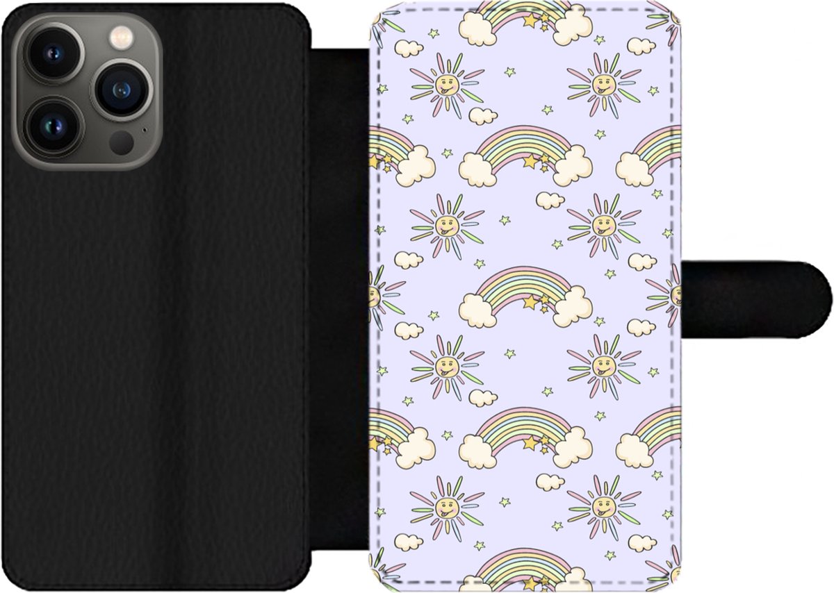 Telefoonhoesje Geschikt voor iPhone 13 Pro Max telefoonhoesje - Meisjes - Regenboog - Zon - Patronen - Girl - Kids - Kinderen - Kind - Met vakjes - Wallet case met magneetsluiting