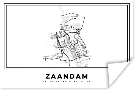 Poster Carte – Zaandam – Zwart Wit – Plan de Ville - Carte - Nederland - 90x60 cm