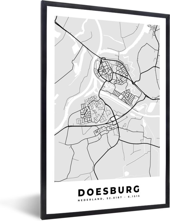 Cadre photo avec affiche Zwart Wit- Doesburg - Pays- Nederland - Carte - Plan - Plan de la ville - Zwart Wit - 20x30 cm - Cadre pour affiche