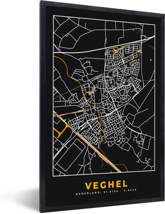 Fotolijst incl. Poster - Veghel - Stadskaart - Plattegrond - Kaart - Black and Gold - 40x60 cm - Posterlijst