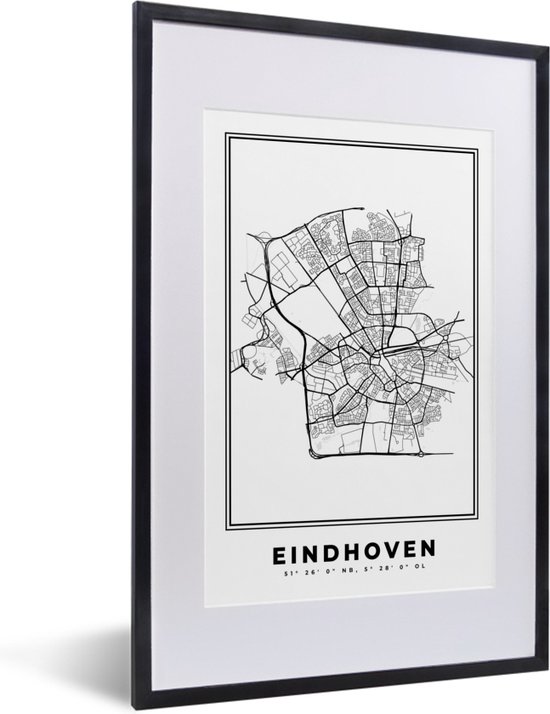 Cadre photo avec affiche Zwart Wit- Carte - Plan d'étage - Plan de la ville - Eindhoven - Pays- Nederland - Zwart Wit - 40x60 cm - Cadre pour affiche
