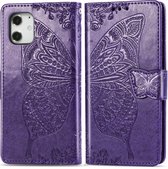 Mobigear Telefoonhoesje geschikt voor Apple iPhone 12 Hoesje | Mobigear Butterfly Bookcase Portemonnee | Pasjeshouder voor 3 Pasjes | Telefoonhoesje voor Pinpas / OV Kaart / Rijbewijs - Paars