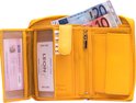 Gele, leren portemonnee open, met creditcard, paspoort en geld.