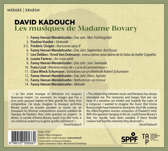 David Kadouch, Les musiques de Madame Bovary. Een cd-hoes met de titel, tracklist en teksten over de muziek en Madame Bovary.