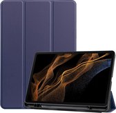 Hoes Geschikt voor Samsung Galaxy Tab S8 Ultra - Smart Tri-Fold Tablet Book Case Cover met Penhouder - Blauw