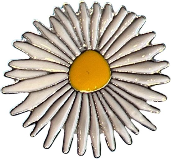 Margriet Madeliefje Met Geel Hartje Emaille Pin 2.9 cm / 2.7 cm / Wit Geel Zilver