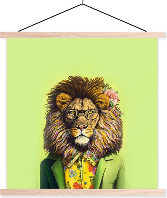 Posterhanger incl. Poster 40x40 cm - Schoolplaat - Leeuw - Man - Dier - Bril - Bloemen - Textielposter - Blanke latten