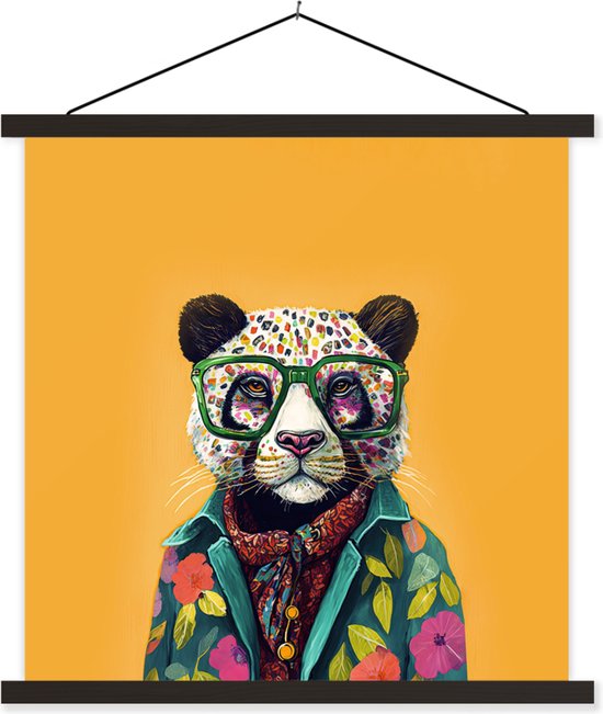 Posterhanger incl. Poster - Schoolplaat - Panda - Bril - Bloemen - Hippie - 90x90 cm - Zwarte latten