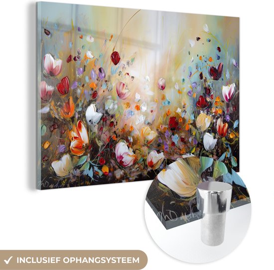 Glasschilderij bloemen - Kunst - Natuur - Oil painting - Foto op glas - Kamer decoratie - Schilderij glas - Schilderijen woonkamer - 60x40 cm - Glasplaat - Wanddecoratie - Muurdecoratie - Slaapkamer