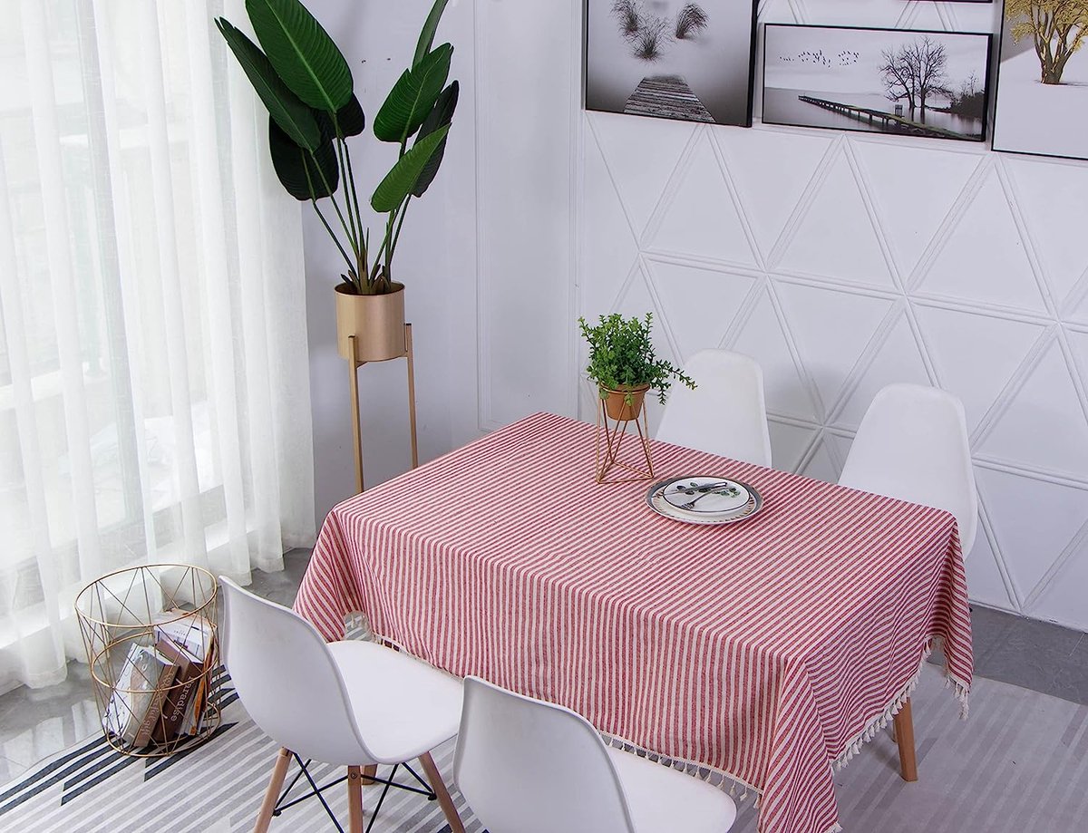Tafelkleed Met Kwastjes – Linnenlook, Rood Strepen, Afwasbaar En Oliebestendig