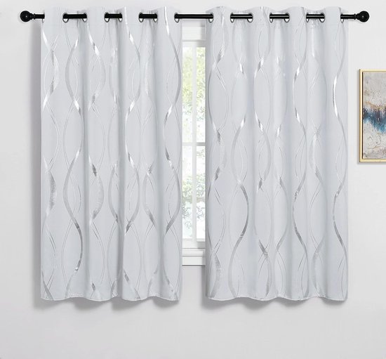 Korte gordijnen woonkamer, modern gordijn met inslagringen, set van 2 verduisterende gordijnen met lijndrukpatroon, wit, ondoorzichtig, H 175 x B 140 cm, grijs-wit