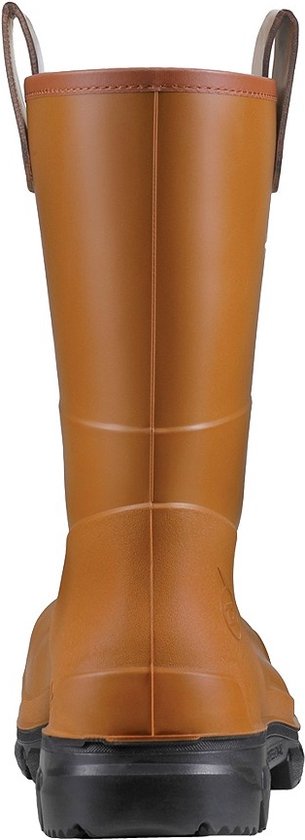Achterzijaanzicht van bruine Dunlop werklaars met zwarte zool.