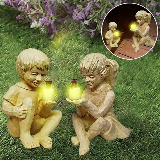 Creatieve hars tuinbeeld-Jongen en meisje standbeeld-decoratief tuinfiguur met glow in the dark poeder