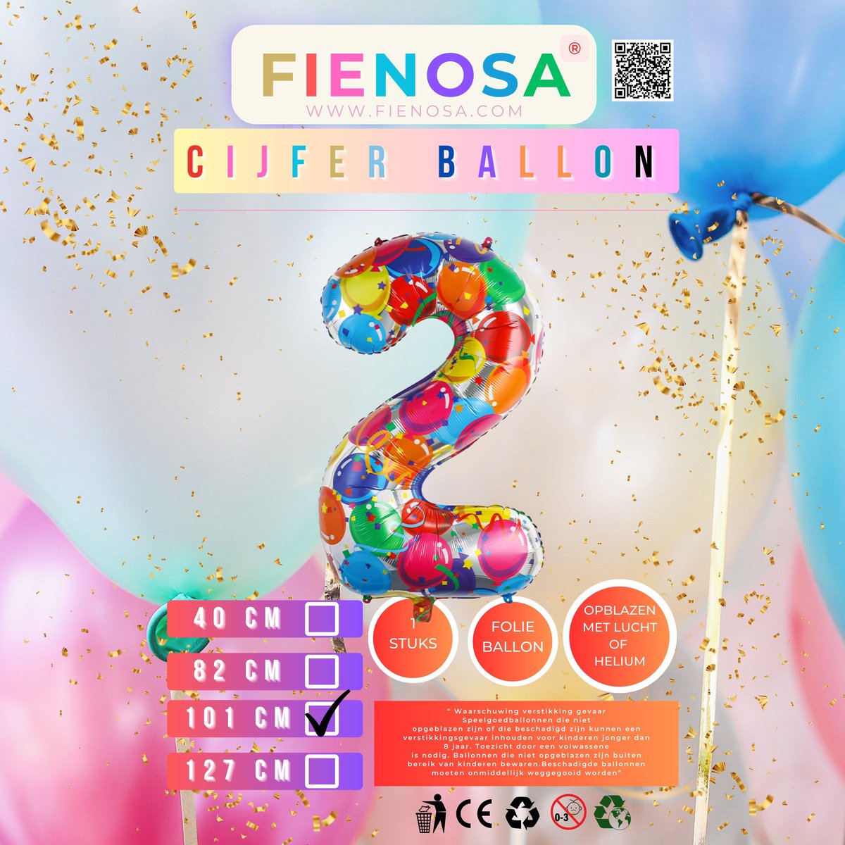 Fienosa Nombre Ballons numéro 2 - Motif Confettis - 101 cm - XL