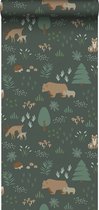 Papier peint ESTAhome forêt avec animaux de la forêt vert foncé et beige - 139249 - 0,53 x 10,05 m