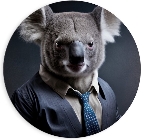 Dibond Muurcirkel - Pluizige Koalabeer in Zakelijk Pak met Gestipte Stropdas - 90x90 cm Foto op Aluminium Muurcirkel (met ophangsysteem)