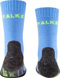 Blauwe Falke sportsokken voor kinderen met grijszwarte versteviging bij de hiel en neongele Falke-letters.