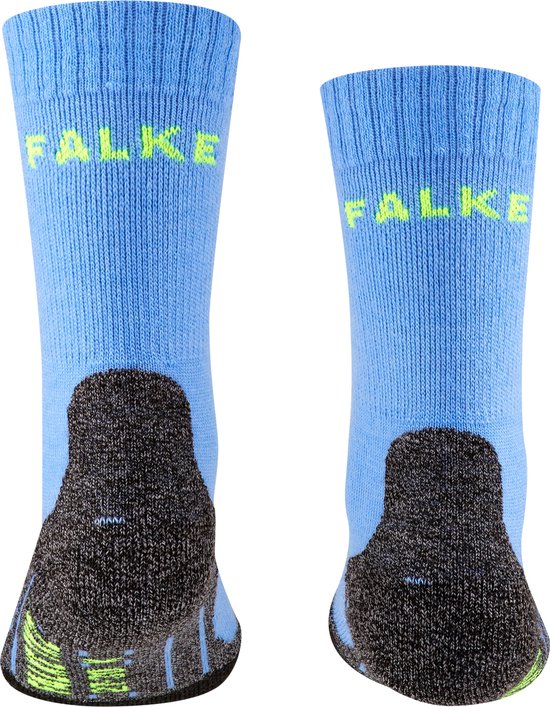 Blauwe Falke sportsokken voor kinderen met grijszwarte versteviging bij de hiel en neongele Falke-letters.