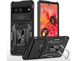 Hoesje met Camera Slider Geschikt voor de Google Pixel 7a - Back Cover met Standaard - Uitklapbare Kickstand Ring - Beschermhoes TPU - Magneet voor Auto Houder Zwart