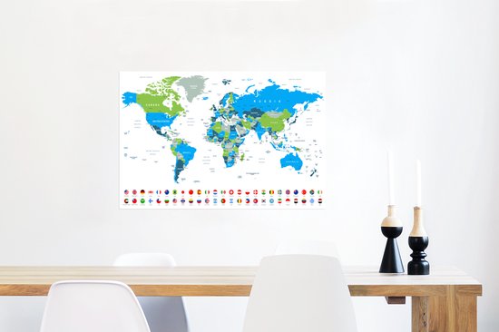 Affiche d'une carte du monde avec des pays en bleu et vert, avec une rangée de drapeaux en bas.