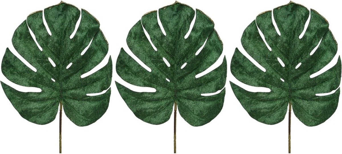 3x Groene fluwelen Monstera/gatenplant kunsttak kunstplanten 80 cm - Kunstplanten/kunsttakken bladgroen - Kunstbloemen boeketten