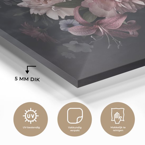 Peinture sur verre fleurs - Vintage - Pastel - Zwart - Bouquet - Peinture sur verre - Salon - 90x60 cm - Décoration fleurs - Décoration chambre - Décoration murale