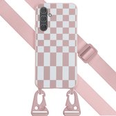 Selencia Hoesje Geschikt voor Samsung Galaxy A54 (5G) Hoesje Met Koord - Selencia Siliconen design hoesje met afneembaar koord - Roze / Irregular Check Sand Pink