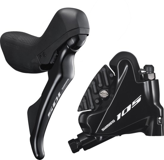Zwarte Shimano 105 schijfremhendel en remklauw met 3 vingers.