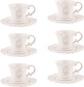 HAES DECO - Set de 6 tasses et soucoupes - contenance 125 ml - coloris Wit / Beige - Céramique imprimée Vogel - Service à thé, Service à café, Tasses à thé, Tasses à café, Cappuccino
