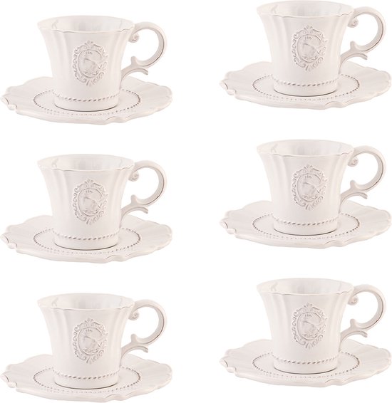 HAES DECO - Kop en Schotel set van 6 - inhoud 125 ml - kleuren Wit / Beige - Bedrukt Keramiek met Vogel - Theeservies, Koffieservies, Theekoppen, Koffiekoppen, Cappuccino