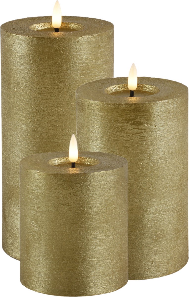 Countryfield LED kaars/stompkaars set - 3x st - goud - H10, H15 en H20 cm - timer - warm wit Goudkleurig
