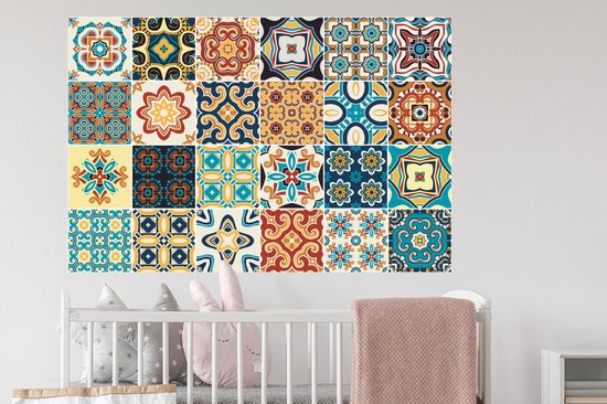 Stickers muraux - Sticker Foil - Fleurs - Vintage - Motif - Blauw - Oranje - 120x80 cm - Film Adhésif - Stickers muraux Muraux Chambre Enfant - Papier Peint Auto Adhésif