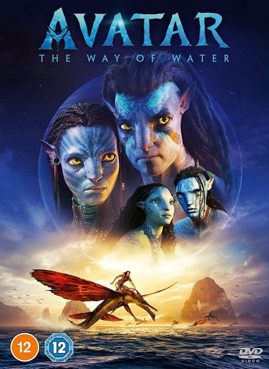 DVD-hoes van Avatar: The Way of Water met vier Na'vi-gezichten en een figuur op een vliegend wezen boven water.