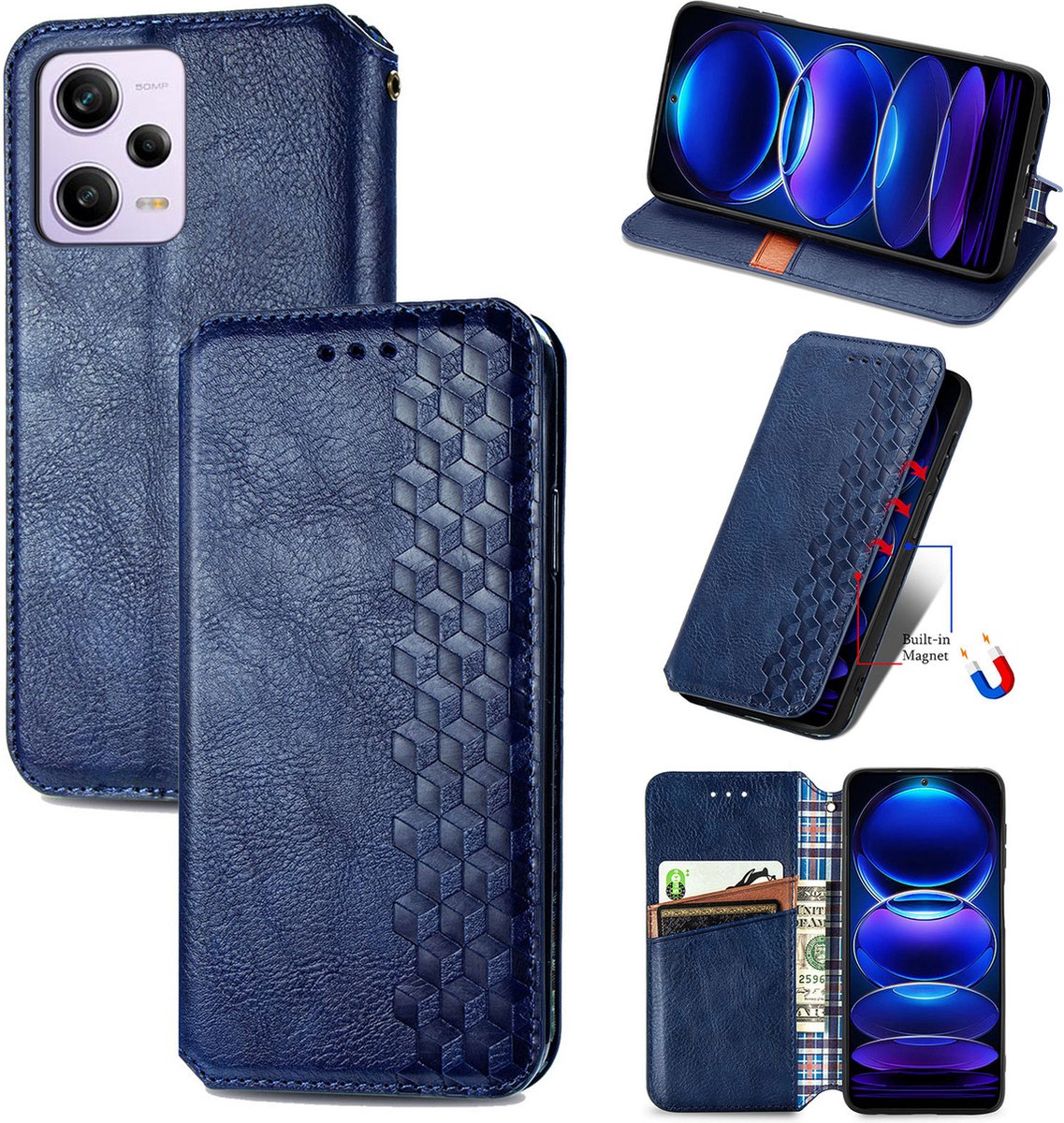 Luxe PU Lederen Ruitpatroon Wallet Case + Screenprotector voor Redmi Note 12 Pro+ _ Blauw