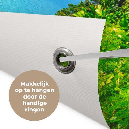 Tuinposter 90x60 cm - Tuindecoratie Strand - Zee - Eiland - Boom - Poster voor in de tuin - Buiten decoratie - Schutting tuinschilderij - Tuindoek muurdecoratie - Wanddecoratie balkondoek