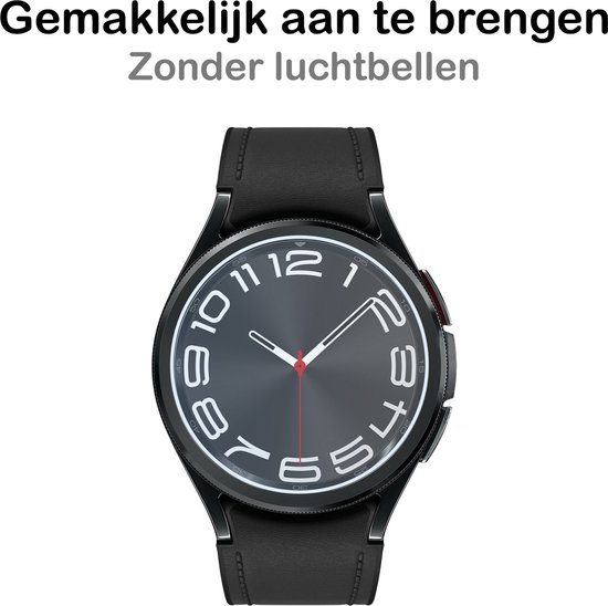 Zwarte smartwatch met glazen screenprotector, tekst 'Gemakkelijk aan te brengen Zonder luchtbellen'.