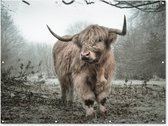 Muurdecoratie buiten Schotse hooglander - Natuur - Herfst - Dieren - Wild - Bos - 160x120 cm - Tuindoek - Buitenposter