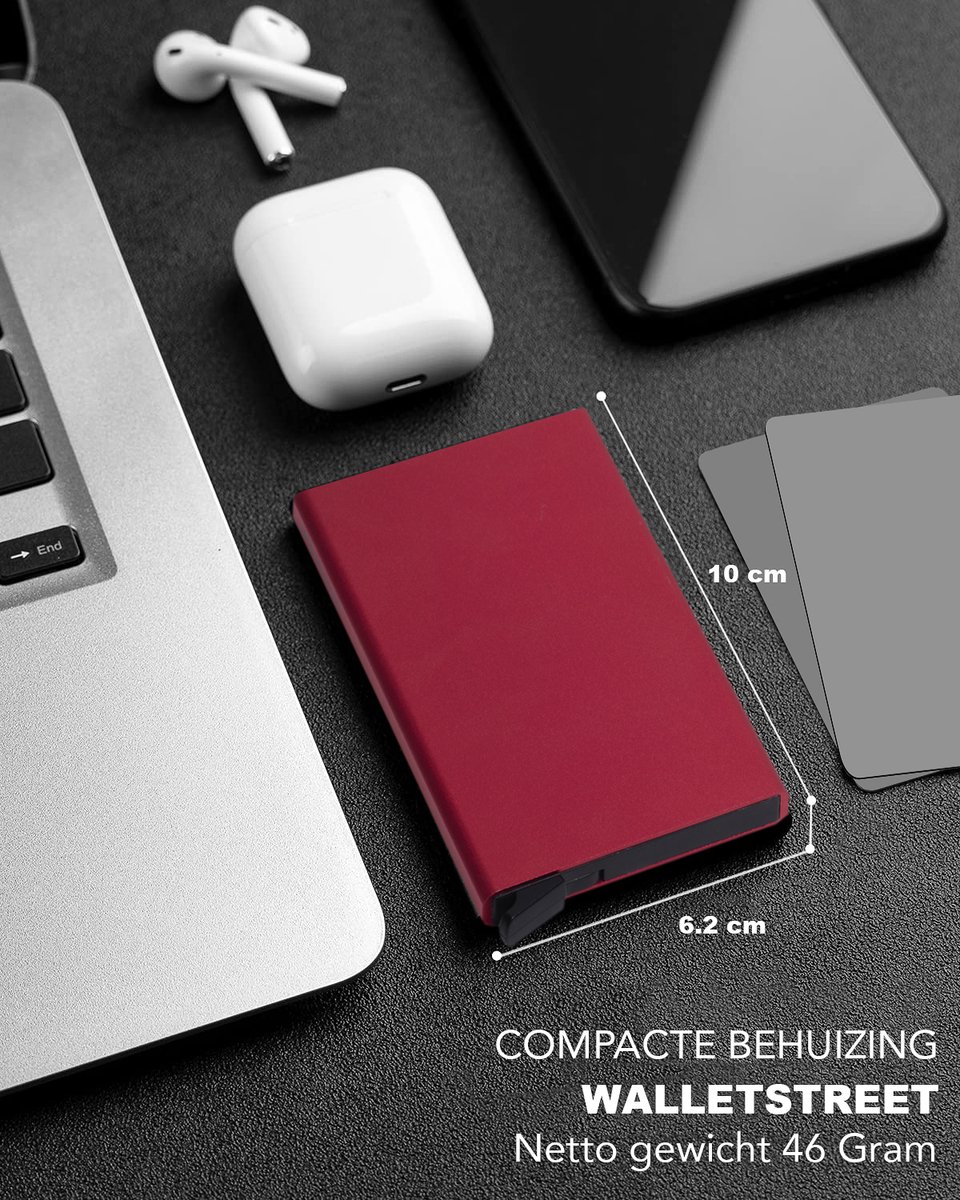 Walletstreet Uitschuifbare Pasjeshouder - Walletstreet Aluminium Creditcardhouder Card Protector Anti-Skim/ RFID Card Protector 8 Pasjes – Rood — cadeau in Mode & Accessoires - foto 2