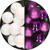 Decoris - kerstballen 24x st - mix parelmoer wit/paars - 6 cm - kunststof - kerstversiering