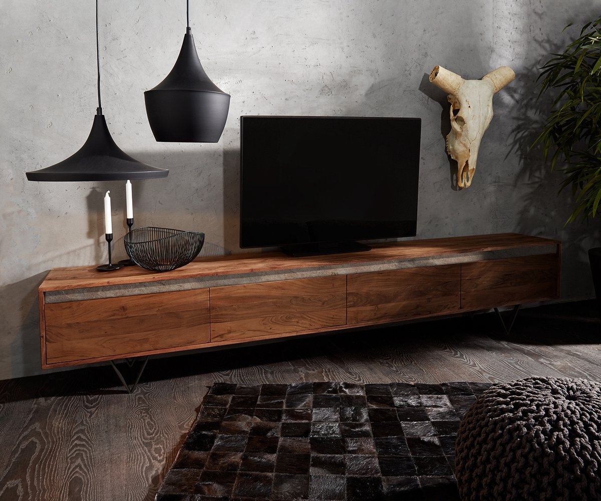 DELIFE Tv-meubel Stonegrace acacia bruin Leisteen 240 cm 4 deuren V-poot zwart Tv-meubel