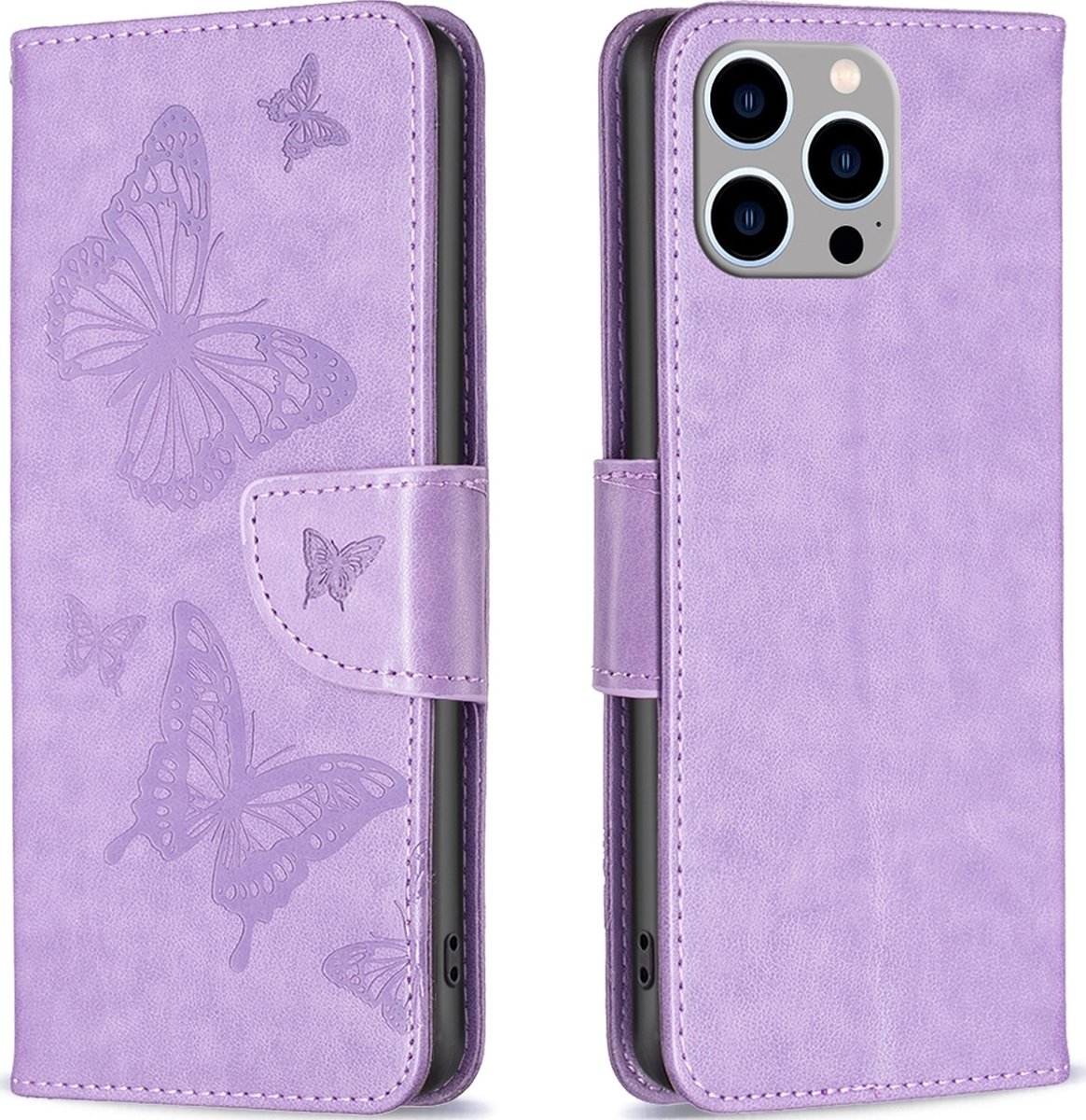 Mobigear Telefoonhoesje geschikt voor Apple iPhone 15 Pro Max Hoesje | Mobigear Butterfly Bookcase Portemonnee | Pasjeshouder voor 3 Pasjes | Telefoonhoesje voor Pinpas / OV Kaart / Rijbewijs - Paars