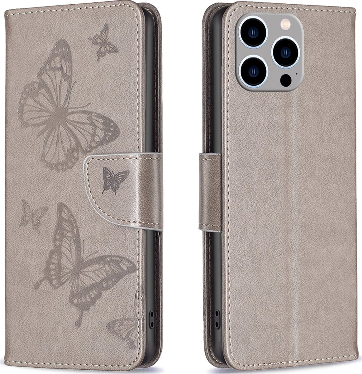 Mobigear Telefoonhoesje geschikt voor Apple iPhone 15 Pro Max Hoesje | Mobigear Butterfly Bookcase Portemonnee | Pasjeshouder voor 3 Pasjes | Telefoonhoesje voor Pinpas / OV Kaart / Rijbewijs - Grijs