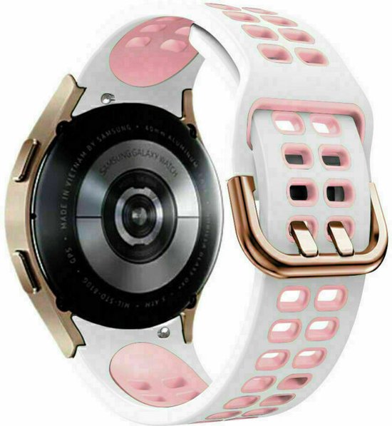 Bracelet Strap-it adapté au Samsung Galaxy Watch 5 40 mm bracelet carré sport (blanc/rose) - Bracelet en silicone Galaxy Watch 5 40 mm - Incl. protection d'écran - Étui de protection - Étui rigide transparent à couverture complète